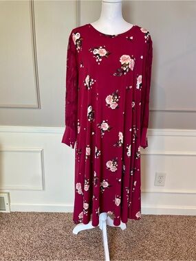 LulaRoe Angela 3X Dress Mixed Media Floral Lace Sleeve Midi Stretch